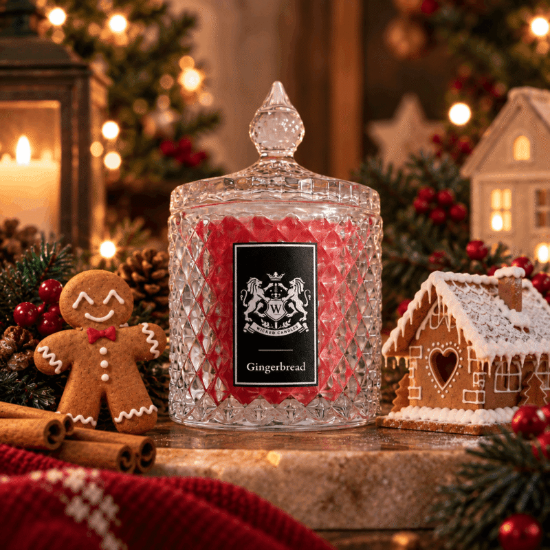 Gingerbread αρωματικό κερί σόγιας Wicked Candles με άρωμα ginger, κανέλα, μέλι και μοσχοκάρυδο σε χριστουγεννιάτικο σκηνικό