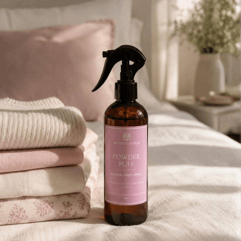 Powder Puff Room & Linen Spray 200ml της Wicked Candles, αρωματικό χώρου και υφασμάτων με νότες πούδρας, γιασεμιού και ylang ylang