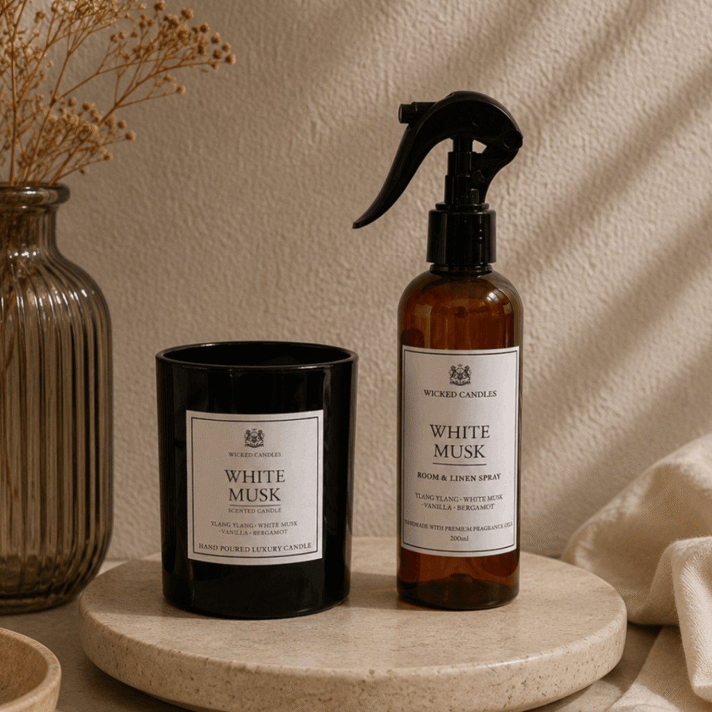 White Musk scented candle & Room & Linen Spray 200ml της Wicked Candles σε minimal aesthetic σύνθεση, πολυτελής συνδυασμός αρωματικού κεριού και σπρέι χώρου με νότες white musk, ylang ylang, vanilla και bergamot