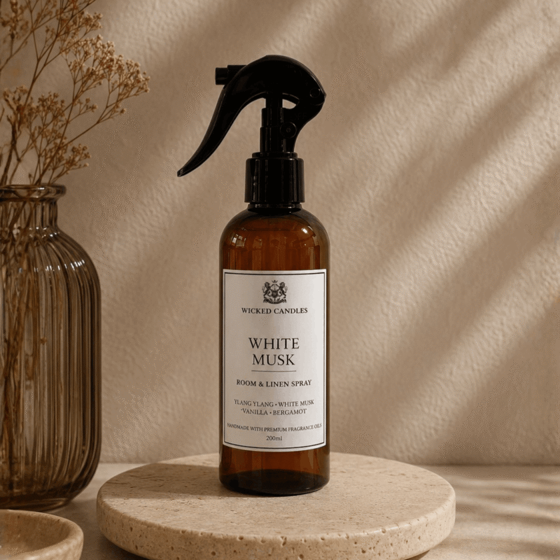 White Musk Room & Linen Spray 200ml της Wicked Candles, πολυτελές αρωματικό χώρου και υφασμάτων με νότες white musk, bergamot, ylang ylang και vanilla
