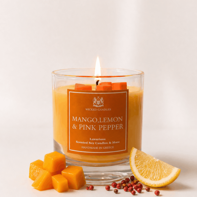 αρωματικό κερί σόγιας mango lemon pink pepper wicked candles