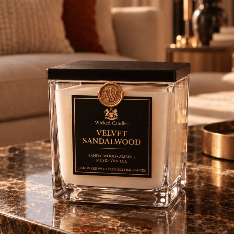 Wicked Candles Velvet Sandalwood 1110g – πολυτελές χειροποίητο αρωματικό κερί σόγιας με μαύρη ετικέτα και χρυσό βουλοκέρι