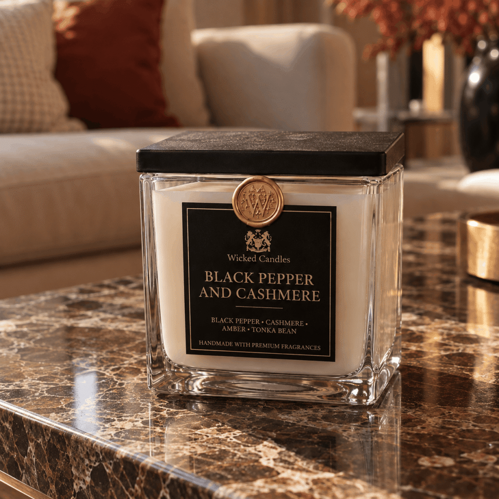 Wicked Candles Black Pepper & Cashmere 1100g – πολυτελές χειροποίητο αρωματικό κερί σόγιας με μαύρη ετικέτα και χρυσό βουλοκέρι