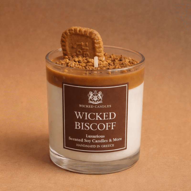 Wicked Biscoff αρωματικό κερί σόγιας 300g με άρωμα καραμέλα και μπισκότο σε γυάλινο δοχείο