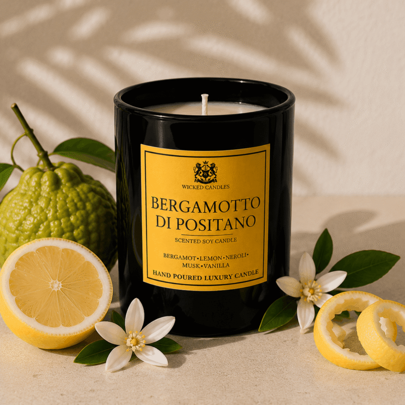 Luxury Bergamotto Di Positano αρωματικό κερί σόγιας της Wicked Candles με νότες bergamot, lemon, neroli, musk και vanilla δίπλα σε φρέσκο λεμόνι και λευκά citrus blossoms