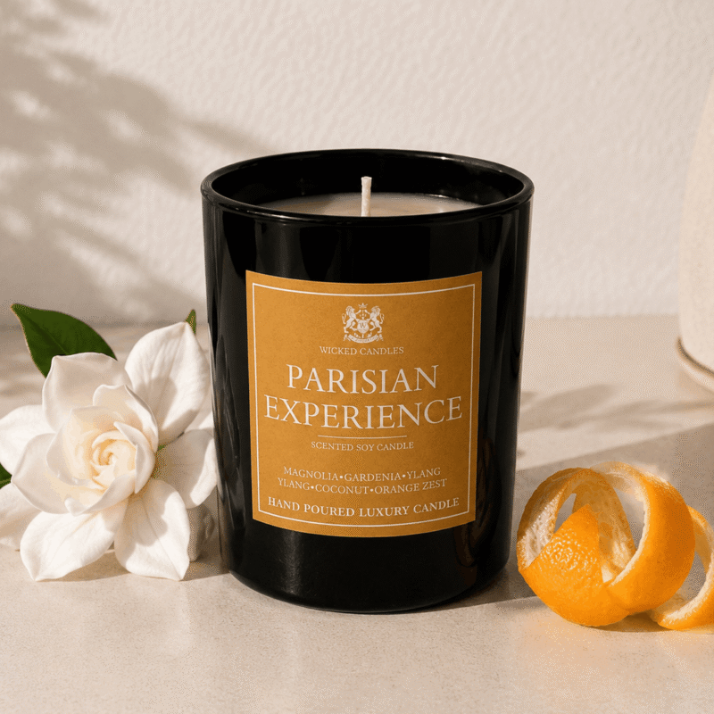 Luxury Parisian Experience scented soy candle της Wicked Candles με γαρδένια λουλούδι και φλούδα πορτοκαλιού σε elegant minimal aesthetic background