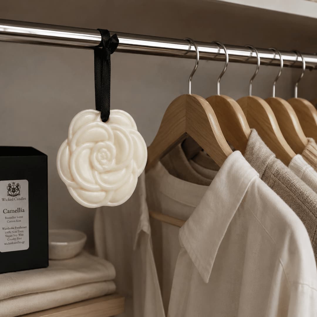 Luxury αρωματικό ντουλάπας και ρούχων Cotton Kiss της Wicked Candles με καθαρό άρωμα βαμβακιού και minimal αισθητική.