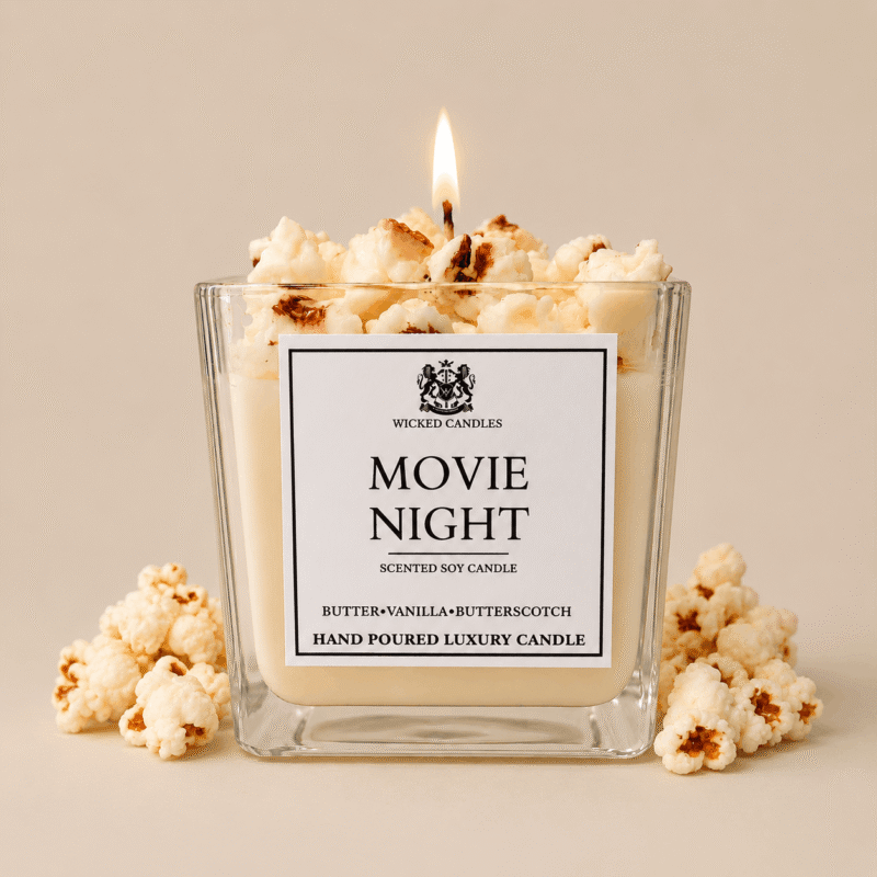 Αρωματικό κερί σόγιας Movie Night σε γυάλινο βάζο με άρωμα popcorn, διακοσμημένο με χειροποίητα popcorn φτιαγμένα από κερί σόγιας, luxury cozy candle από Wicked Candles