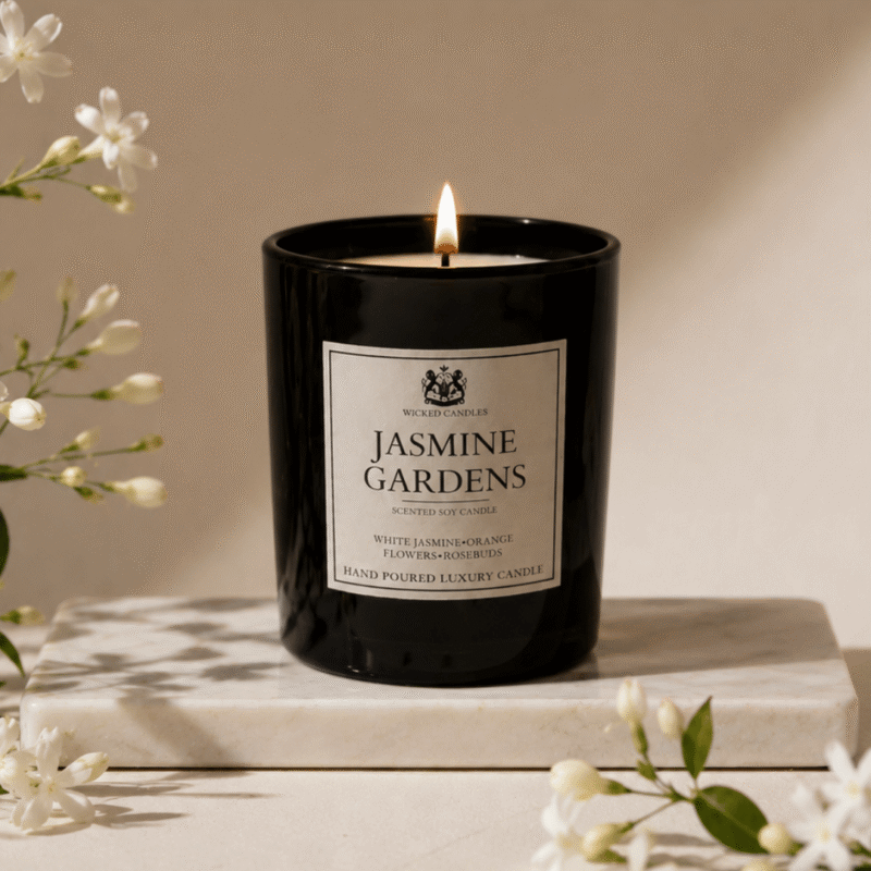 Wicked Candles Jasmine Gardens αρωματικό κερί σόγιας με λευκό γιασεμί, άνθος πορτοκαλιάς και τριαντάφυλλο, luxury χειροποίητο κερί σε μαύρο γυάλινο βάζο