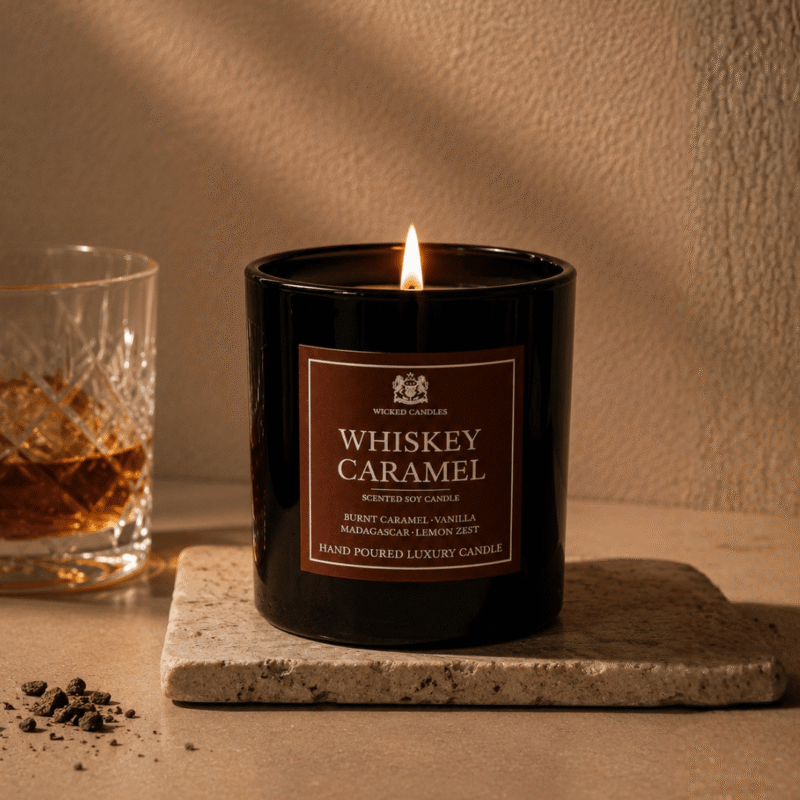 Wicked Candles Whiskey Caramel αρωματικό κερί σόγιας με νότες από burnt caramel, βανίλια Μαδαγασκάρης και lemon zest, χειροποίητο luxury κερί σε μαύρο βάζο