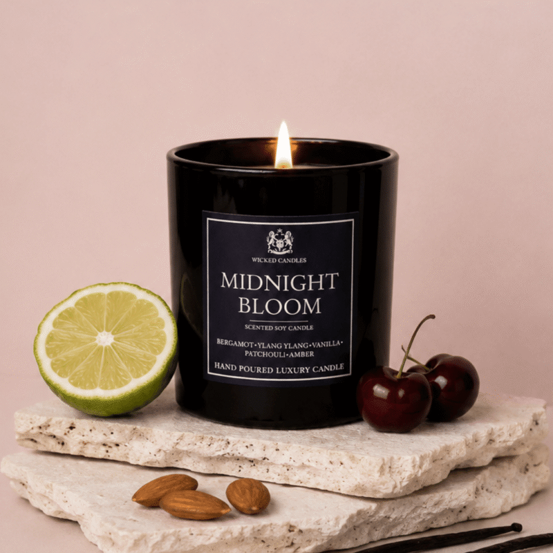 Luxury Midnight Bloom αρωματικό κερί σόγιας της Wicked Candles με περγαμόντο και βανίλια σε minimal aesthetic background