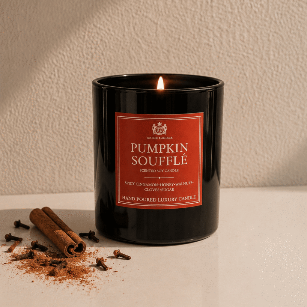 Wicked Candles Pumpkin Soufflé luxury candle με cozy fall decor αισθητική Premium scented soy candle με spicy cinnamon και sweet honey notes