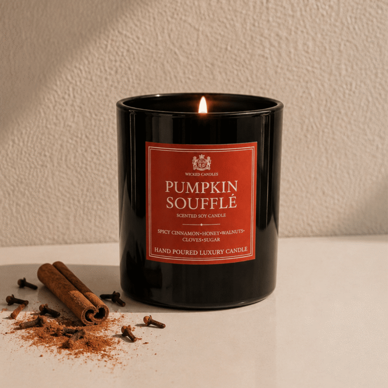 Wicked Candles Pumpkin Soufflé luxury candle με cozy fall decor αισθητική Premium scented soy candle με spicy cinnamon και sweet honey notes