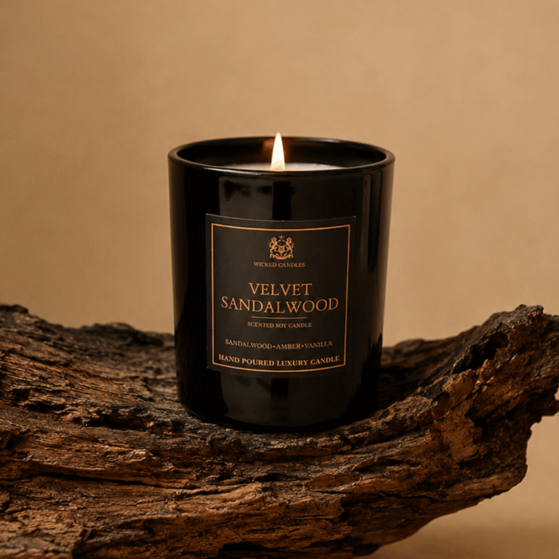 Velvet Sandalwood αρωματικό κερί σόγιας της Wicked Candles με νότες sandalwood, amber, vanilla και oud σε minimal μπεζ aesthetic background.