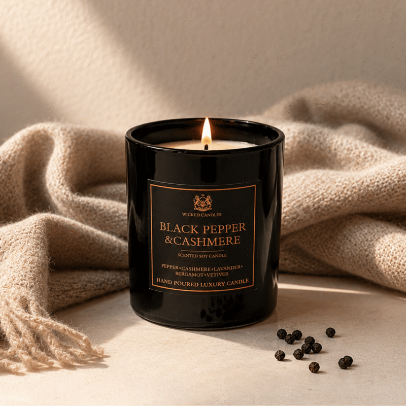 Black Pepper & Cashmere luxury αρωματικό κερί σόγιας της Wicked Candles σε minimal beige aesthetic background με soft natural lighting, cozy cashmere ύφασμα και κόκκους μαύρου πιπεριού. Handmade premium scented candle με νότες pepper, cashmere