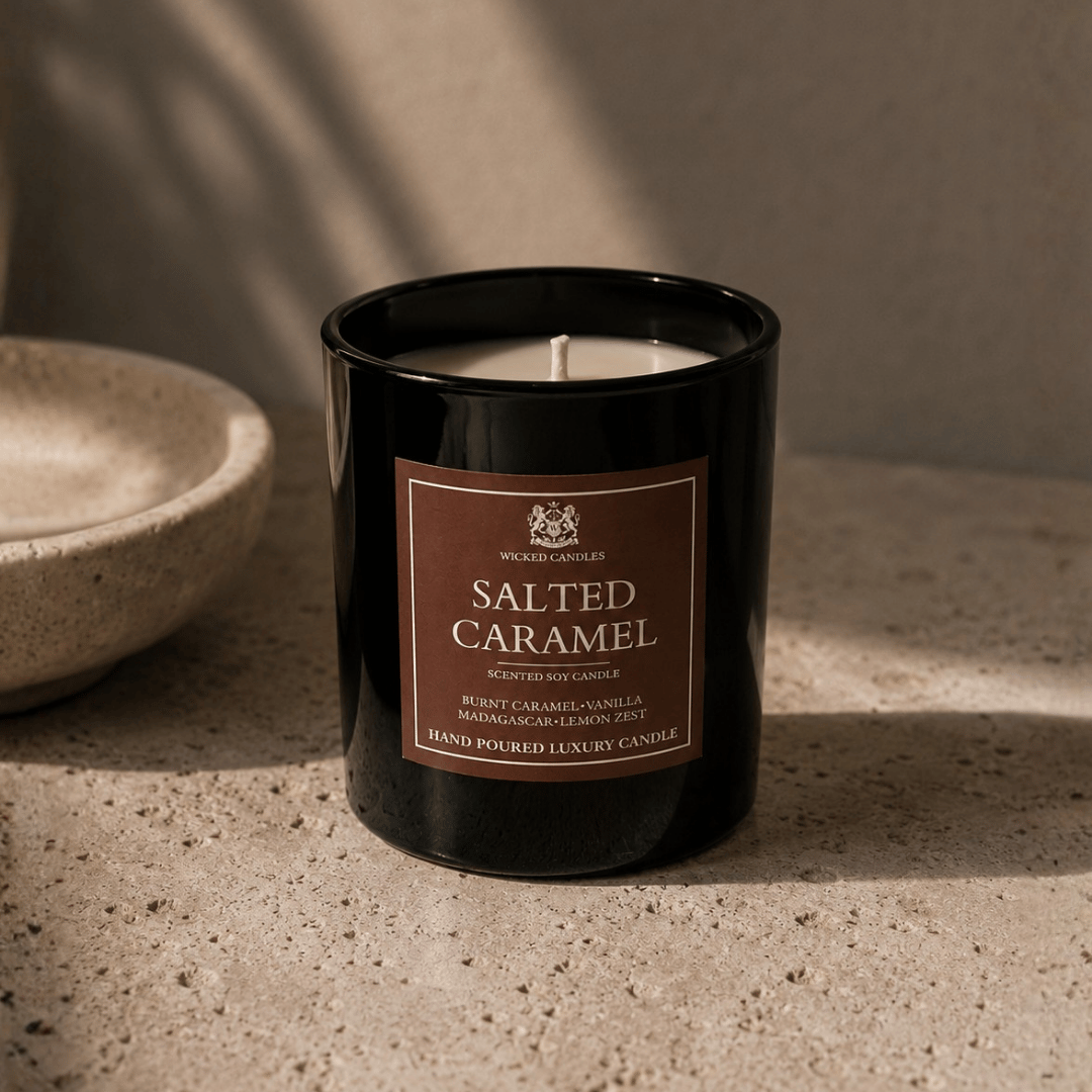 Luxury Salted Caramel αρωματικό κερί σόγιας Wicked Candles με νότες burnt caramel, vanilla, Madagascar και lemon zest σε glossy μαύρο γυάλινο βάζο με minimal beige aesthetic decor.
