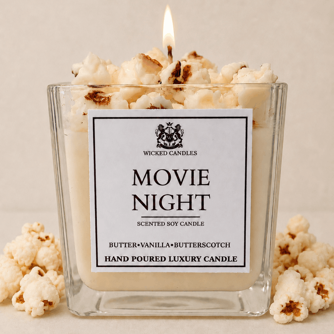 Αρωματικό κερί σόγιας Movie Night σε γυάλινο βάζο με άρωμα popcorn, διακοσμημένο με χειροποίητα popcorn φτιαγμένα από κερί σόγιας, luxury cozy candle από Wicked Candles