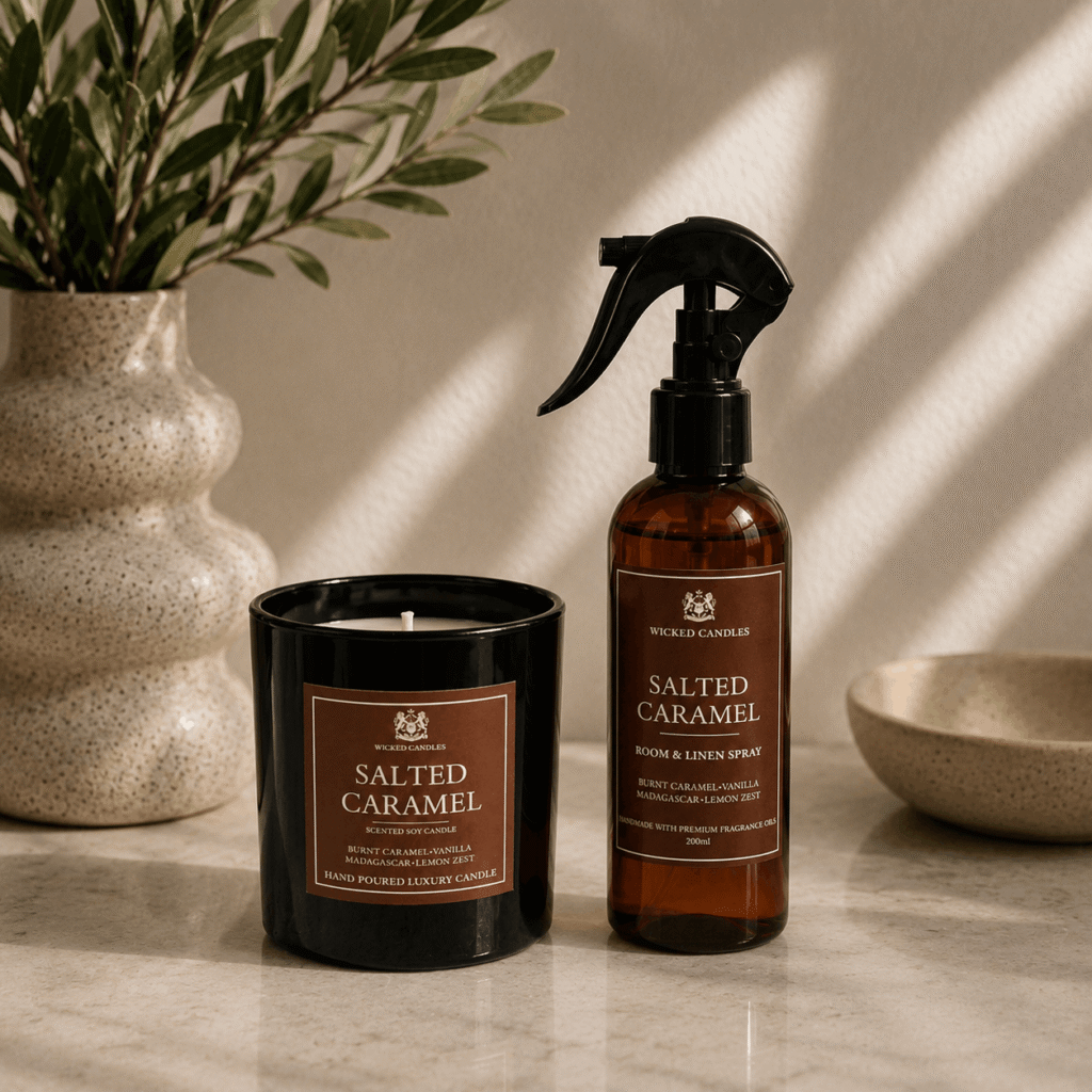 Salted Caramel Room & Linen Spray 200ml της Wicked Candles σε luxury gourmand σύνθεση με νότες καραμέλας, βανίλιας Μαδαγασκάρης και lemon zest, αρωματικό χώρου και υφασμάτων μεγάλης διάρκειας