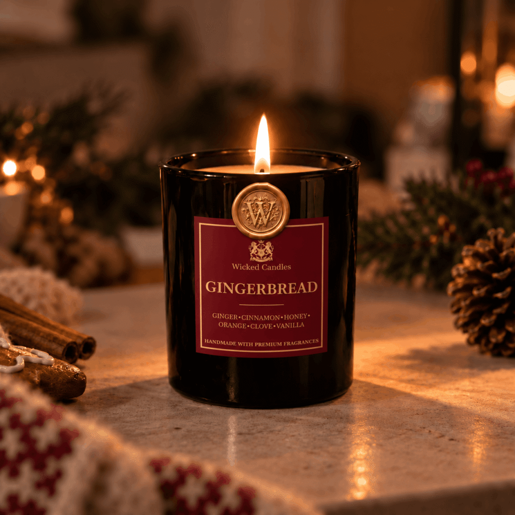 Χριστουγεννιάτικο αρωματικό κερί σόγιας Gingerbread Wicked Candles με χρυσό βουλοκέρι και πολυτελή burgundy ετικέτα