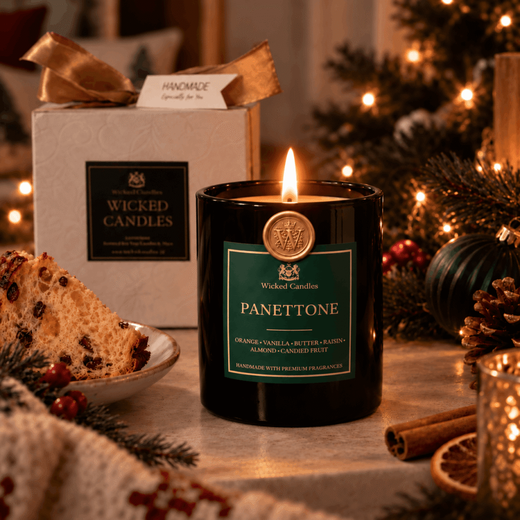 Luxury Panettone αρωματικό κερί σόγιας Wicked Candles σε μαύρο γυάλινο βάζο με χρυσό βουλοκέρι, χριστουγεννιάτικη διακόσμηση
