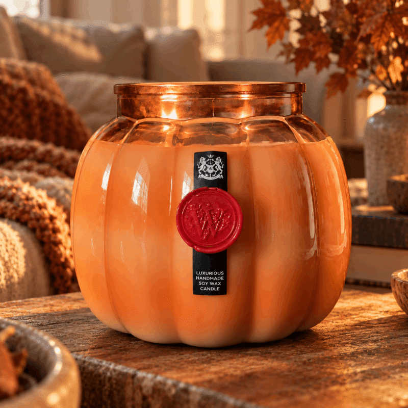 Wicked Candles Spicy Pumpkin 1300gr, αρωματικό κερί κολοκύθα σε γυάλινο βάζο και κόκκινη σφραγίδα limited edition