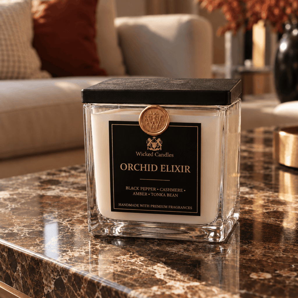 Orchid Elixir Luxury Candle on Marble wicked candles
