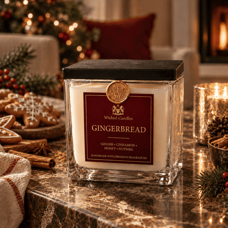 Πολυτελές αρωματικό κερί σόγιας Gingerbread 300g Wicked Candles με μπορντό ετικέτα και χρυσές λεπτομέρειες, σε γιορτινό χριστουγεννιάτικο σκηνικό με μπισκότα gingerbread, φωτάκια και ζεστή ατμόσφαιρα.