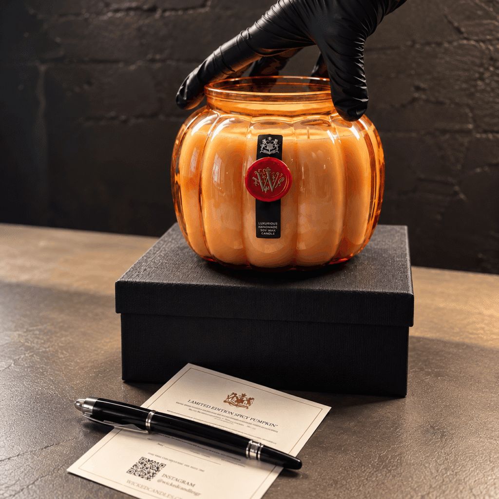 Πολυτελές αρωματικό κερί Spicy Pumpkin Limited Edition σε κεχριμπαρένιο γυάλινο βάζο με βουλοκέρι Wicked Candles.